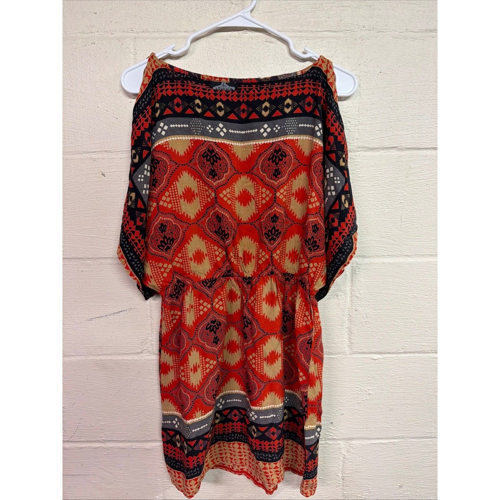 ANGIE Women's Medium Boho Tribal Print‎ Cold Shoulder Tunic Dress Red Black